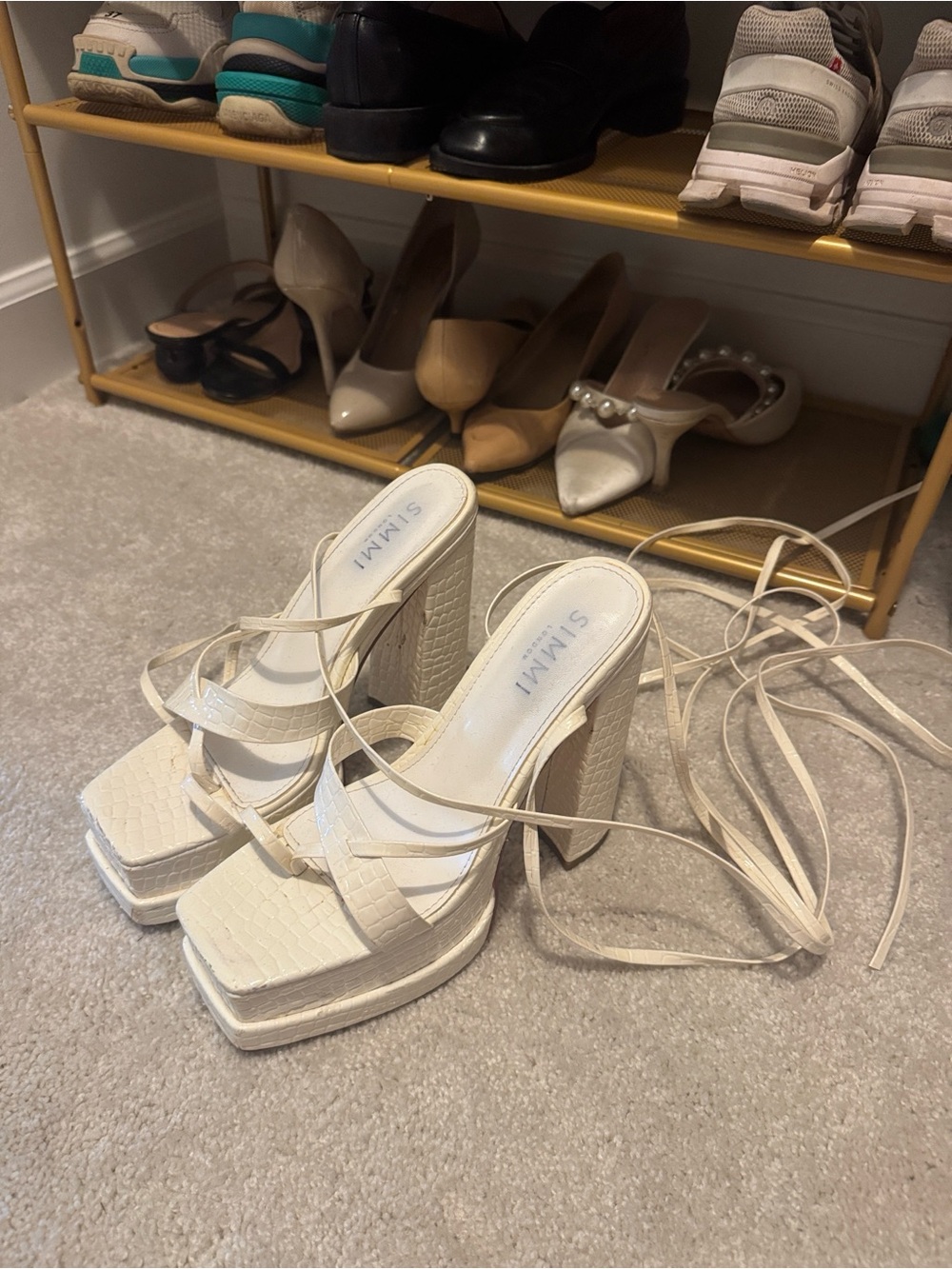 SIMMI Cream Croc-Embossed Platform Lace-Up Heels